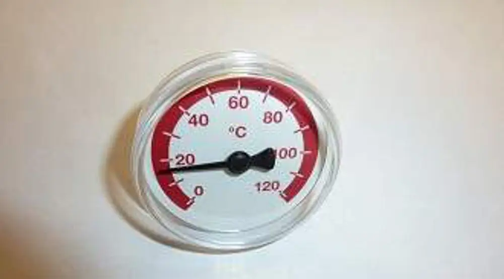 Rundthermometer mit einer Skala von -20 °C bis 120 °C, zeigt die Temperatur an. Produkt von Remeha. White Hintergrund, schwarze und rote Markierungen.